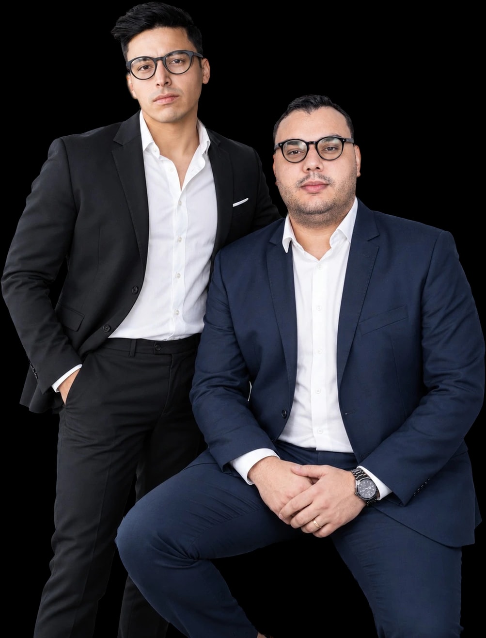 Paulo Castro em pé e Bruno Stocco sentado, de terno