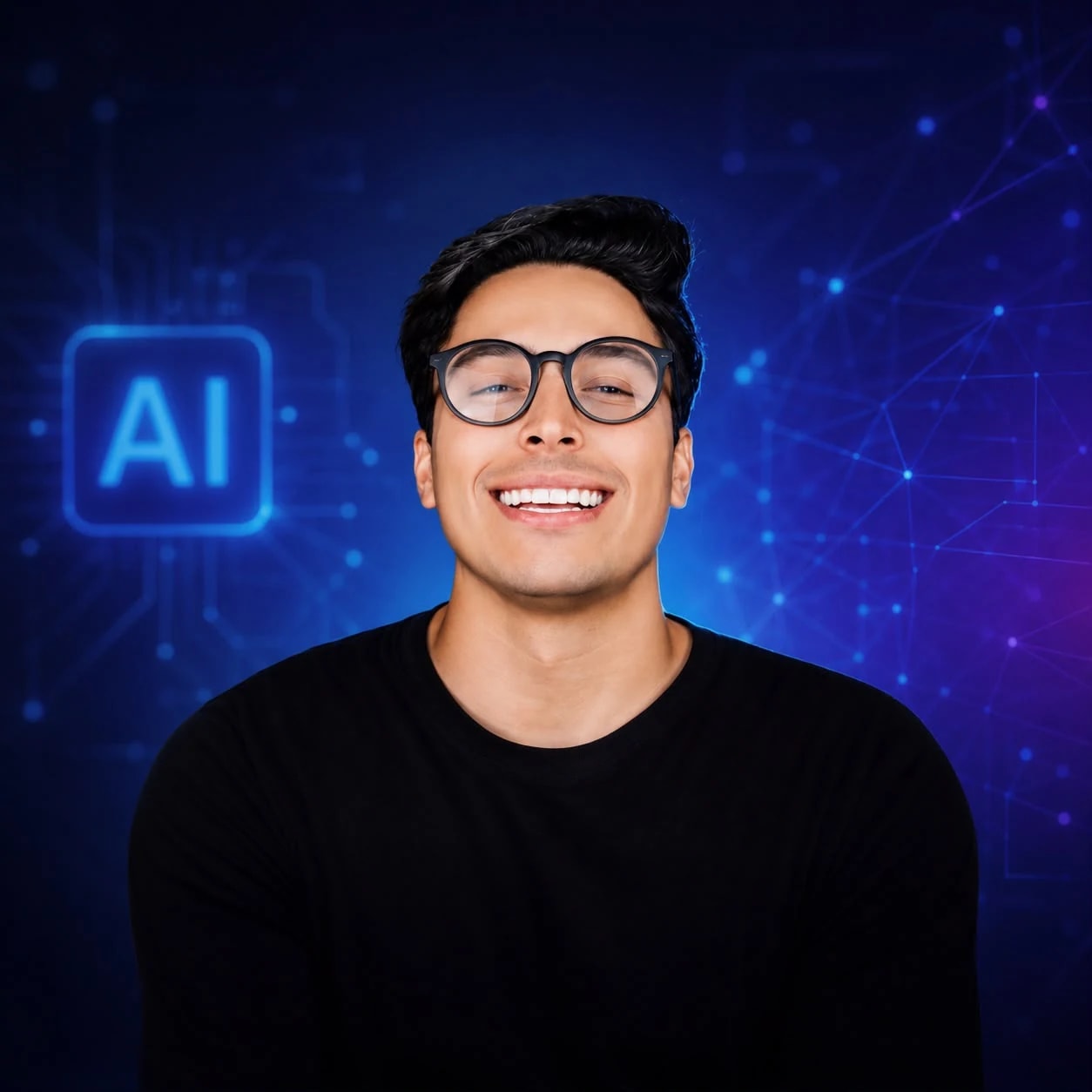 Paulo Castro sorrindo diante de um painel azul de inteligência artificial